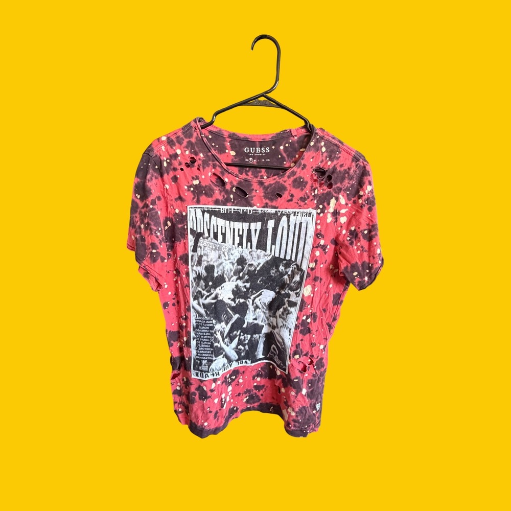 Guess Los Angeles Obscenely Loud Distressed Bleach Wash T-Shirt Mens Small Red - Picture 1 of 4